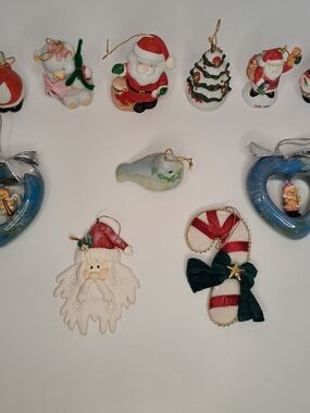 Lot of 11 various Christmas Ornaments Figurines Misc. Porcelain and some cloth